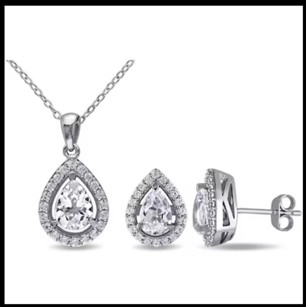 Pear-Shaped Lab-Created White Sapphire Pendant and Earring Set.